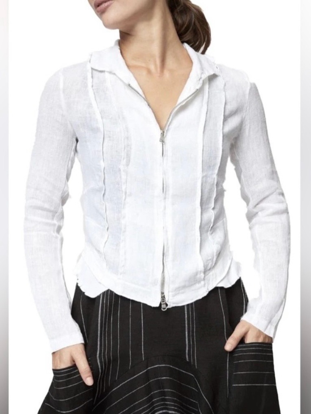 Inizio White Linen Magic Jacket Zip-Front Size L Euro Summer Minimalist Flirty
